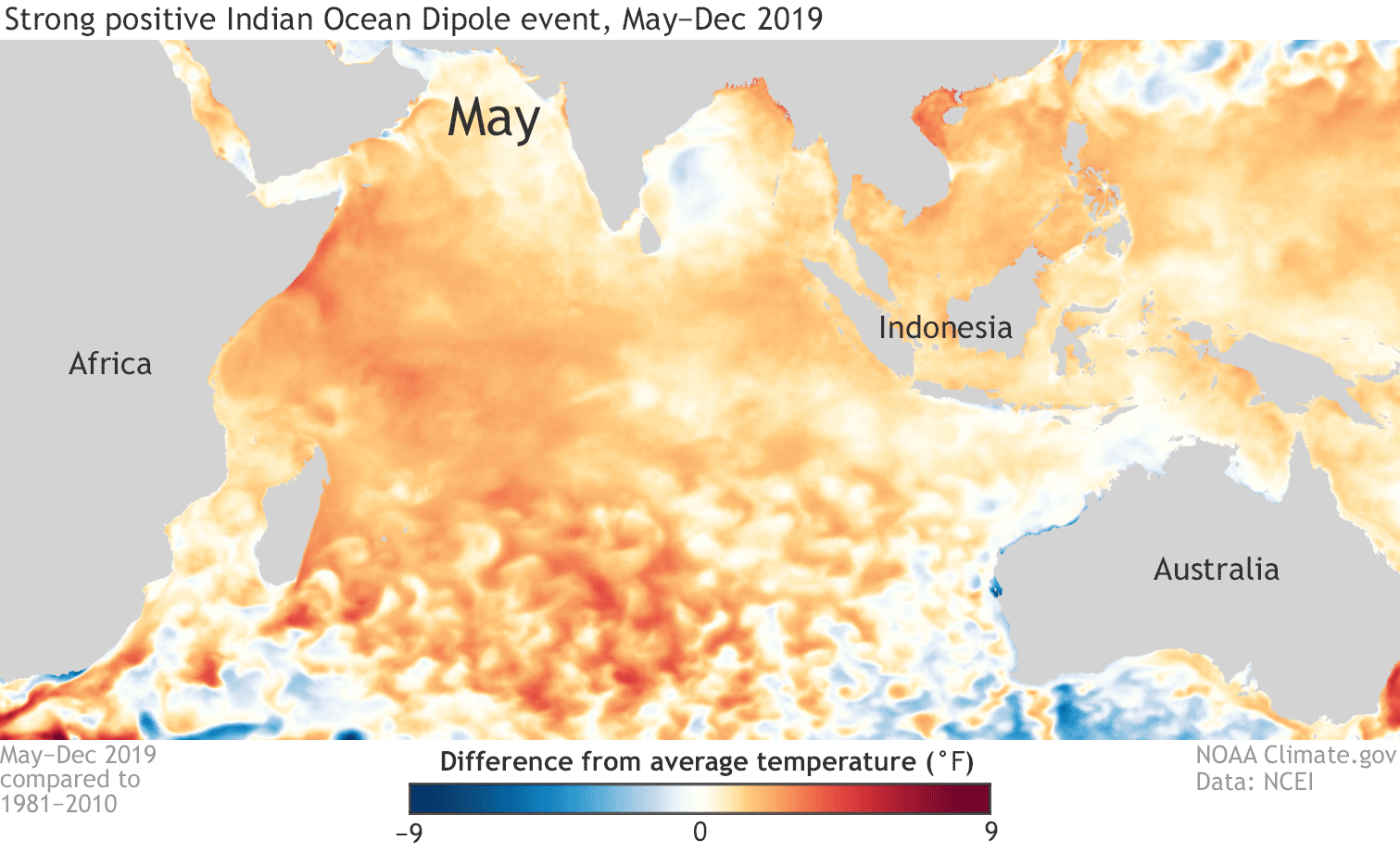 Sea surface temperature departures from average across the Indian Ocean