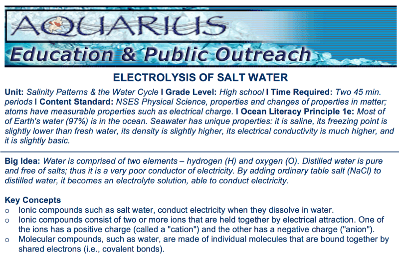 Document cover page: electrolysis of salt water