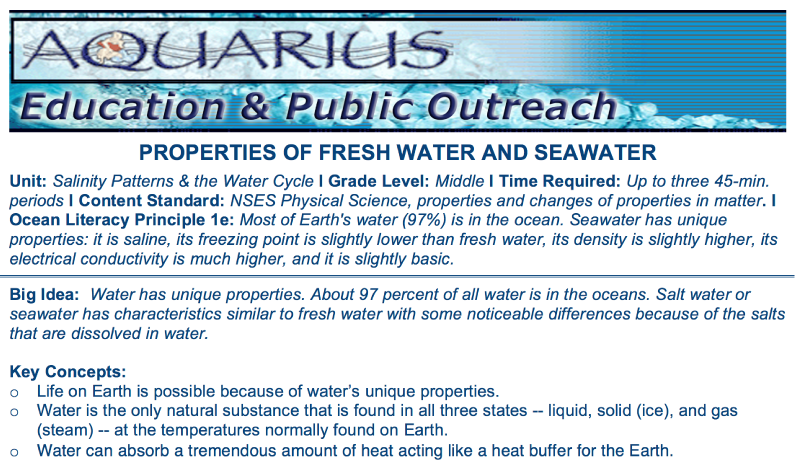 Document cover page: properties of fresh water and sea water