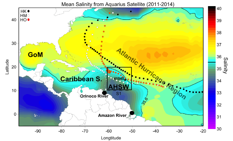 Salinity distribution over the river plume area formed by the Amazon and Orinoco River outflows