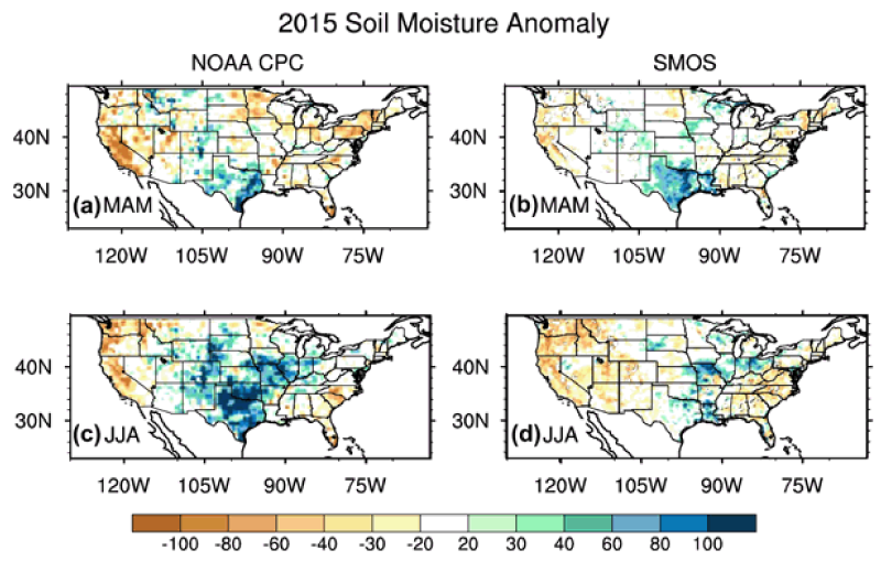 Soil moisture content anomalies in the 2015 spring (a, b) and summer (c, d)