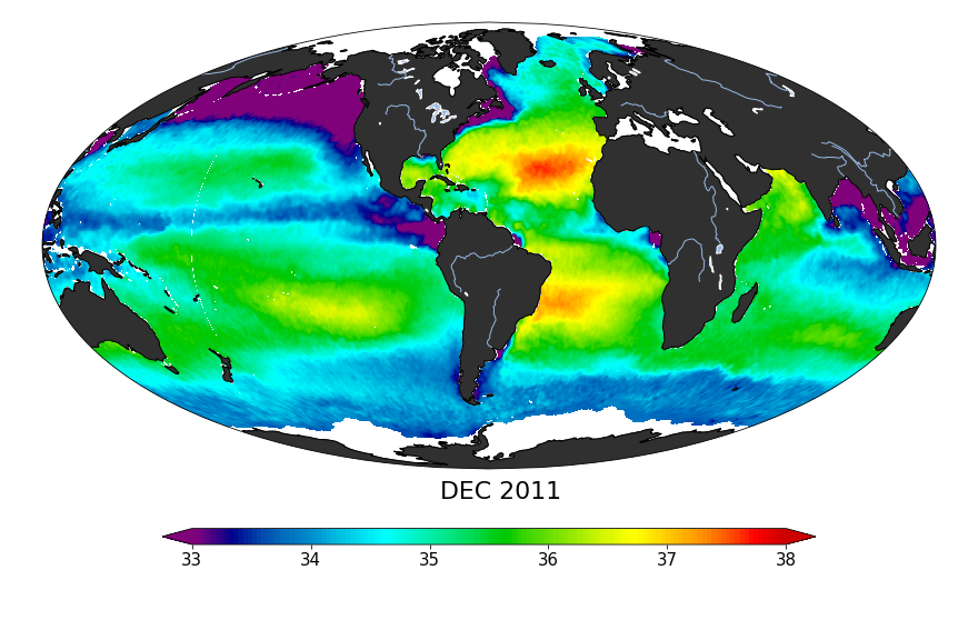 Sea surface salinity, December 2011