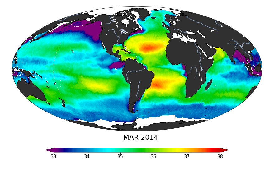 Sea surface salinity, March 2014