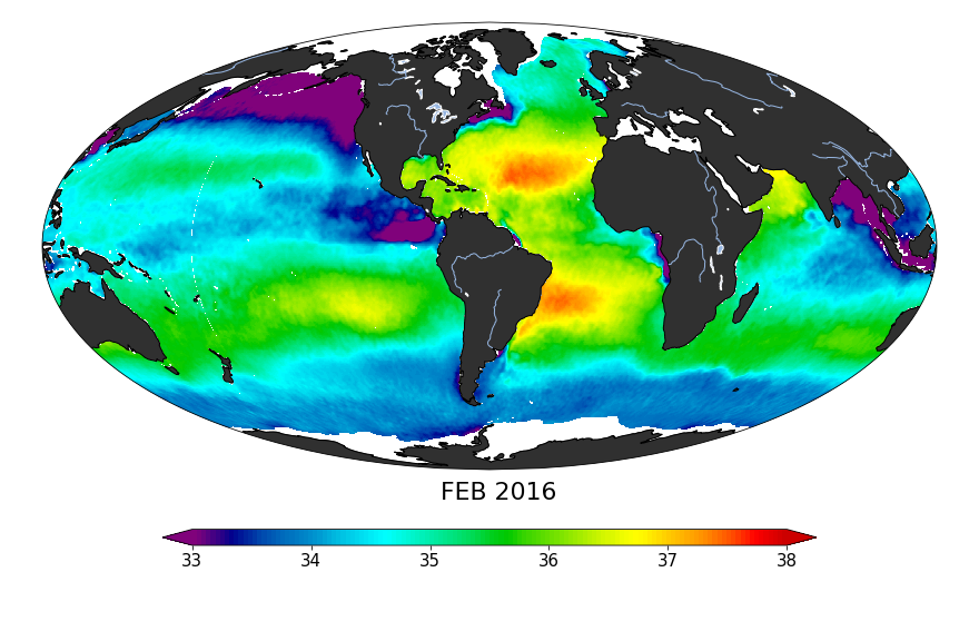 Sea surface salinity, February 2016
