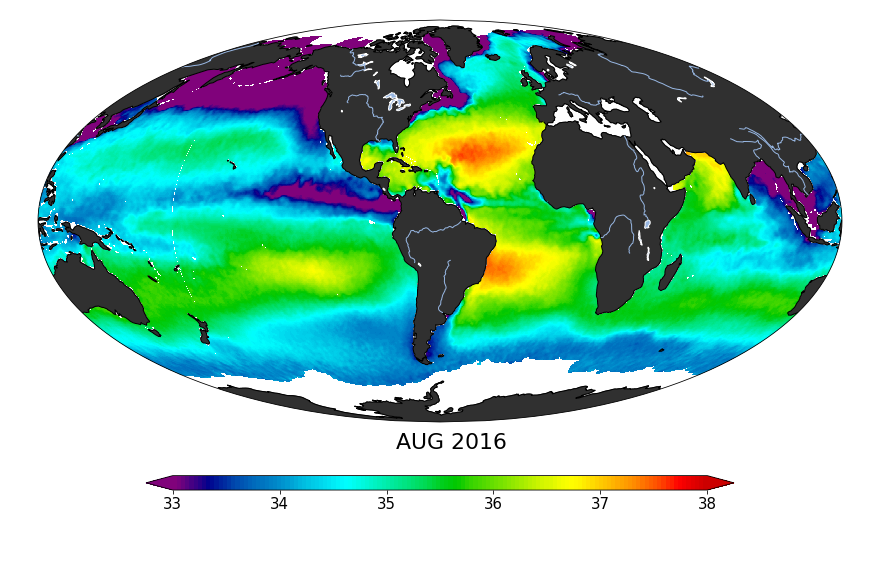 Sea surface salinity, August 2016