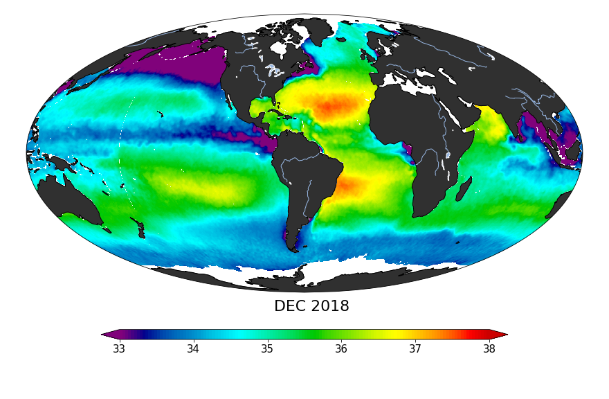 Sea surface salinity, December 2018