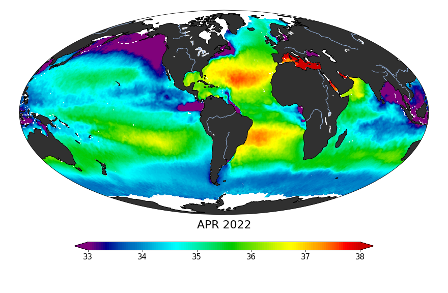 Global map of monthly sea surface salinity, April 2022