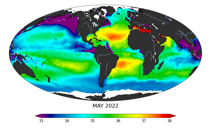 Global map of monthly sea surface salinity, May 2022