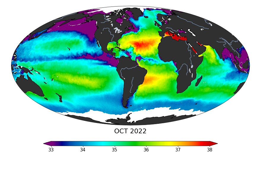Global map of monthly sea surface salinity, October 2022