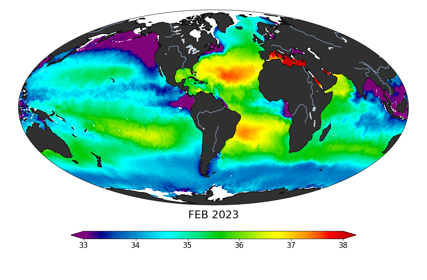 Global map of monthly sea surface salinity, February 2023