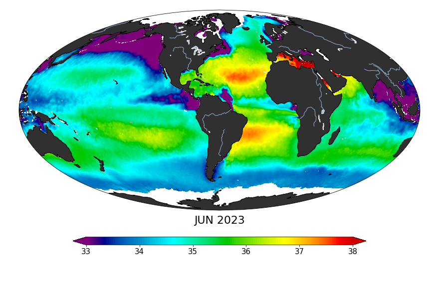 Global map of monthly sea surface salinity, June 2023