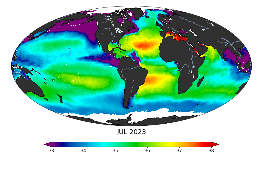 Global map of monthly sea surface salinity, July 2023