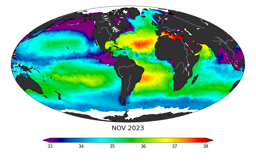 Global map of monthly sea surface salinity, November 2023