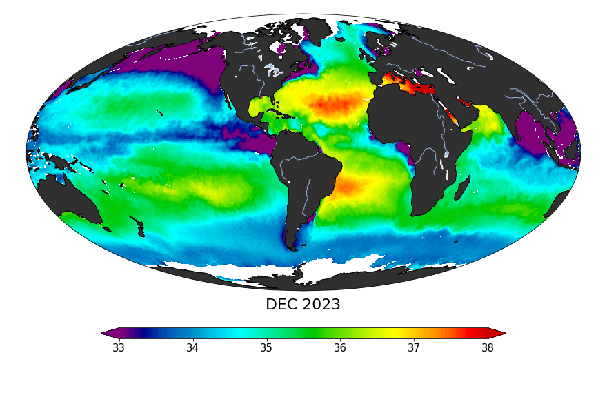 Global map of monthly sea surface salinity, December 2023