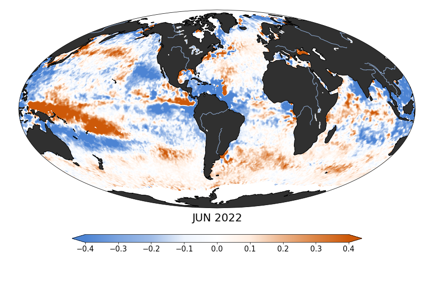 Global map of monthly sea surface salinity anomaly data, June 2022