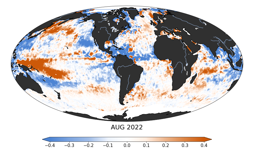 Global map of monthly sea surface salinity anomaly data, August 2022