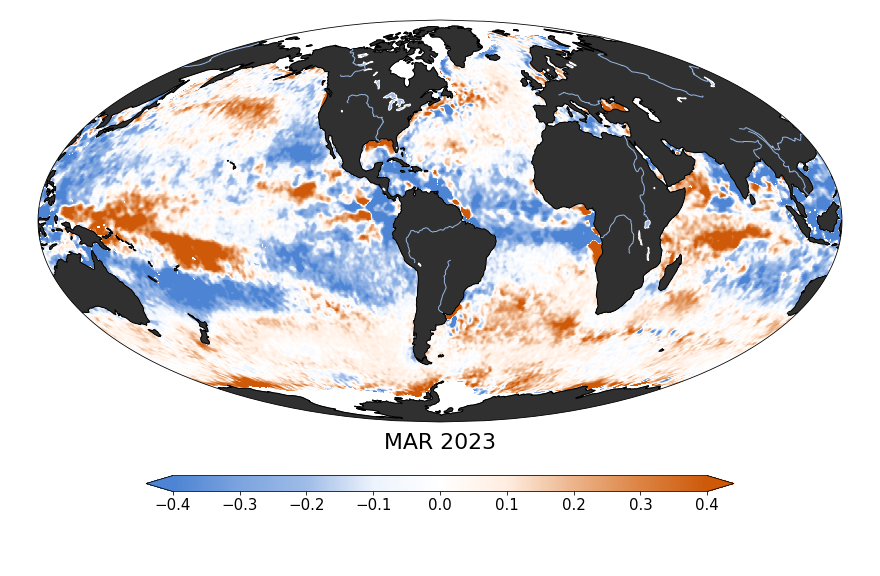 Global map of monthly sea surface salinity anomaly data, March 2023