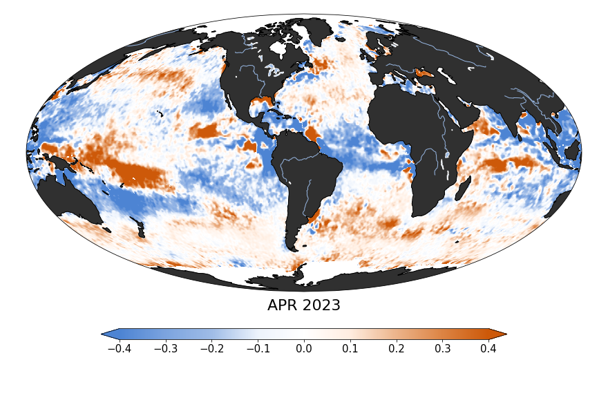 Global map of monthly sea surface salinity anomaly data, April 2023