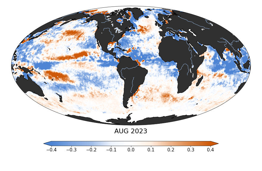 Global map of monthly sea surface salinity anomaly data, August 2023