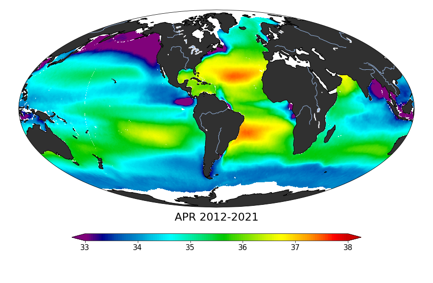 Global composite map of sea surface salinity, April 2012-2021