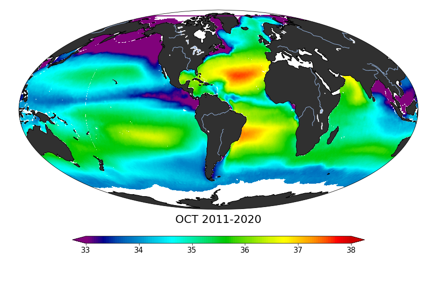 Global composite map of sea surface salinity, October 2011-2020