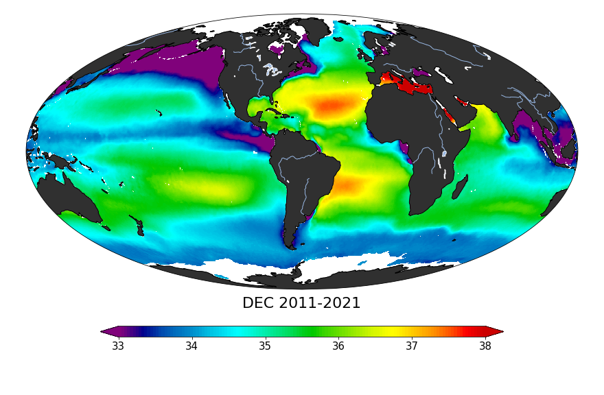 Global composite map of sea surface salinity, December 2011-2020