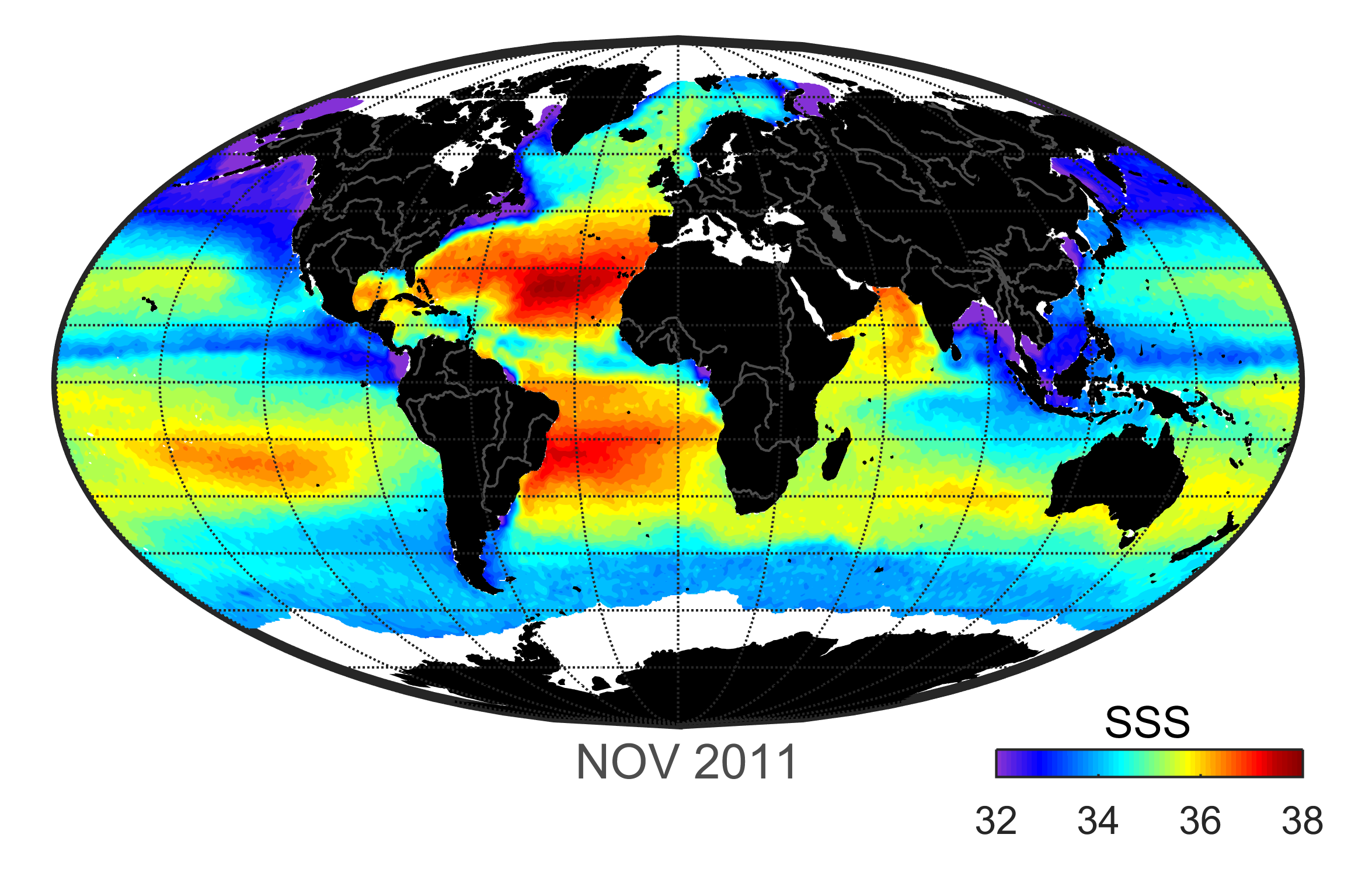 Global map of monthly sea surface salinity data, November 2011