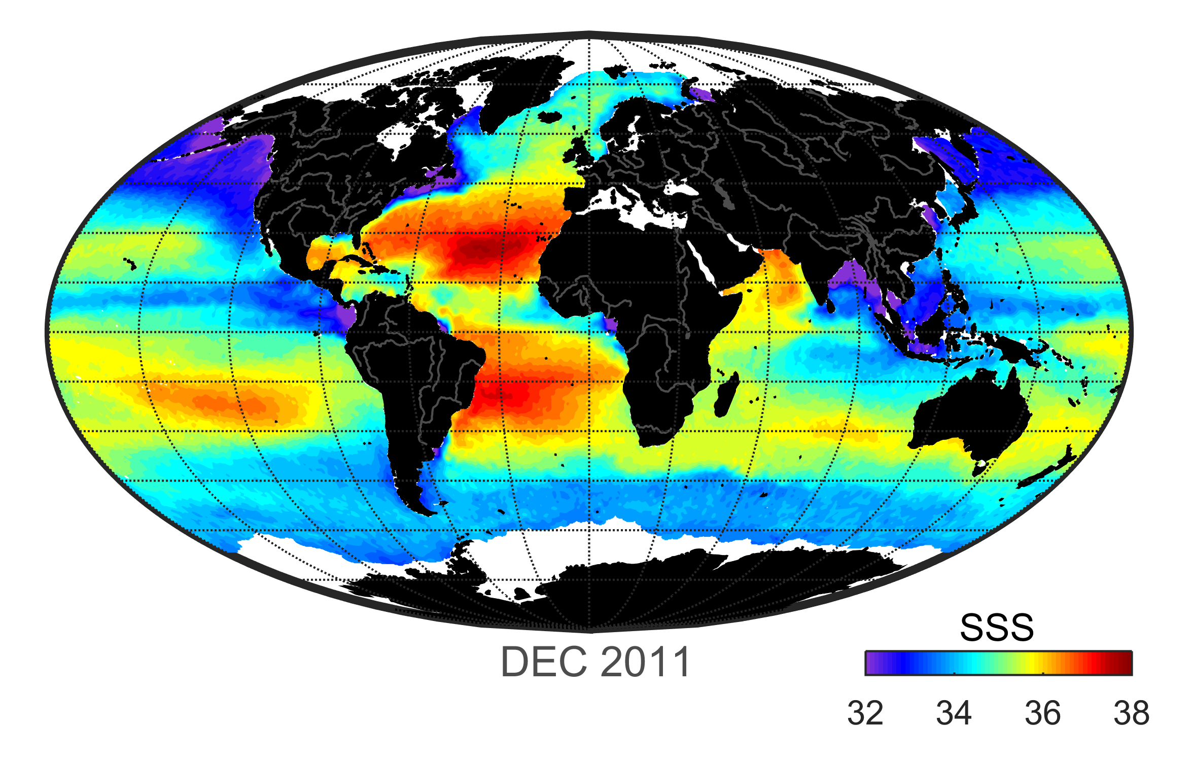Global map of monthly sea surface salinity, December 2011.