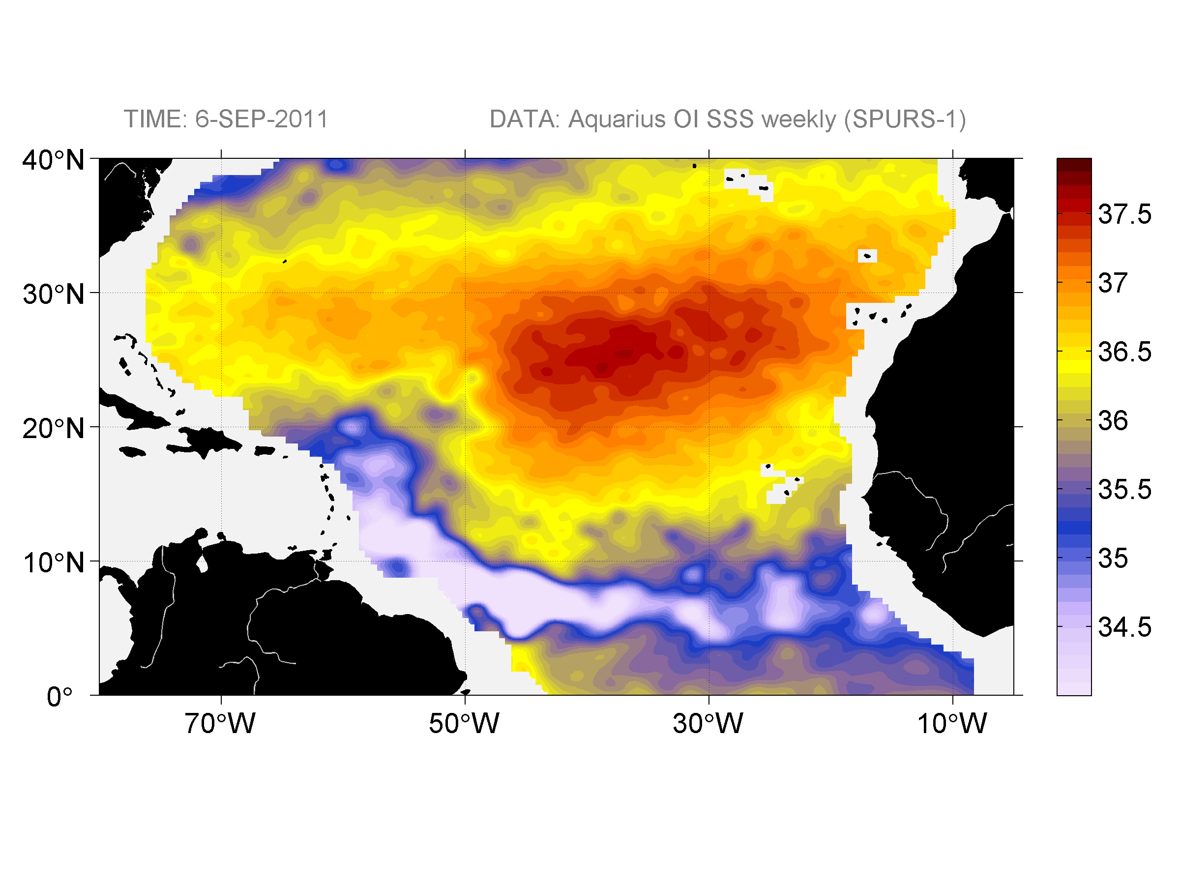 Weekly gridded map of sea surface salinity, week ofSeptember 6, 2011.