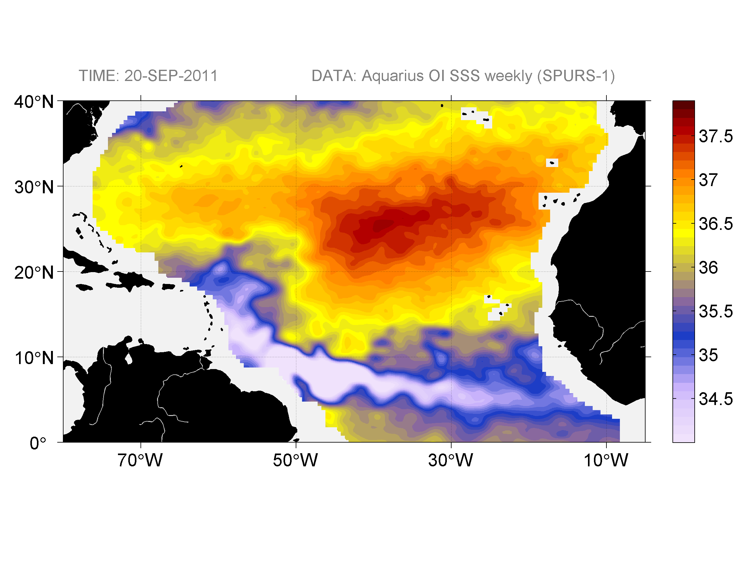 Weekly gridded map of sea surface salinity, week ofSeptember 20, 2011.