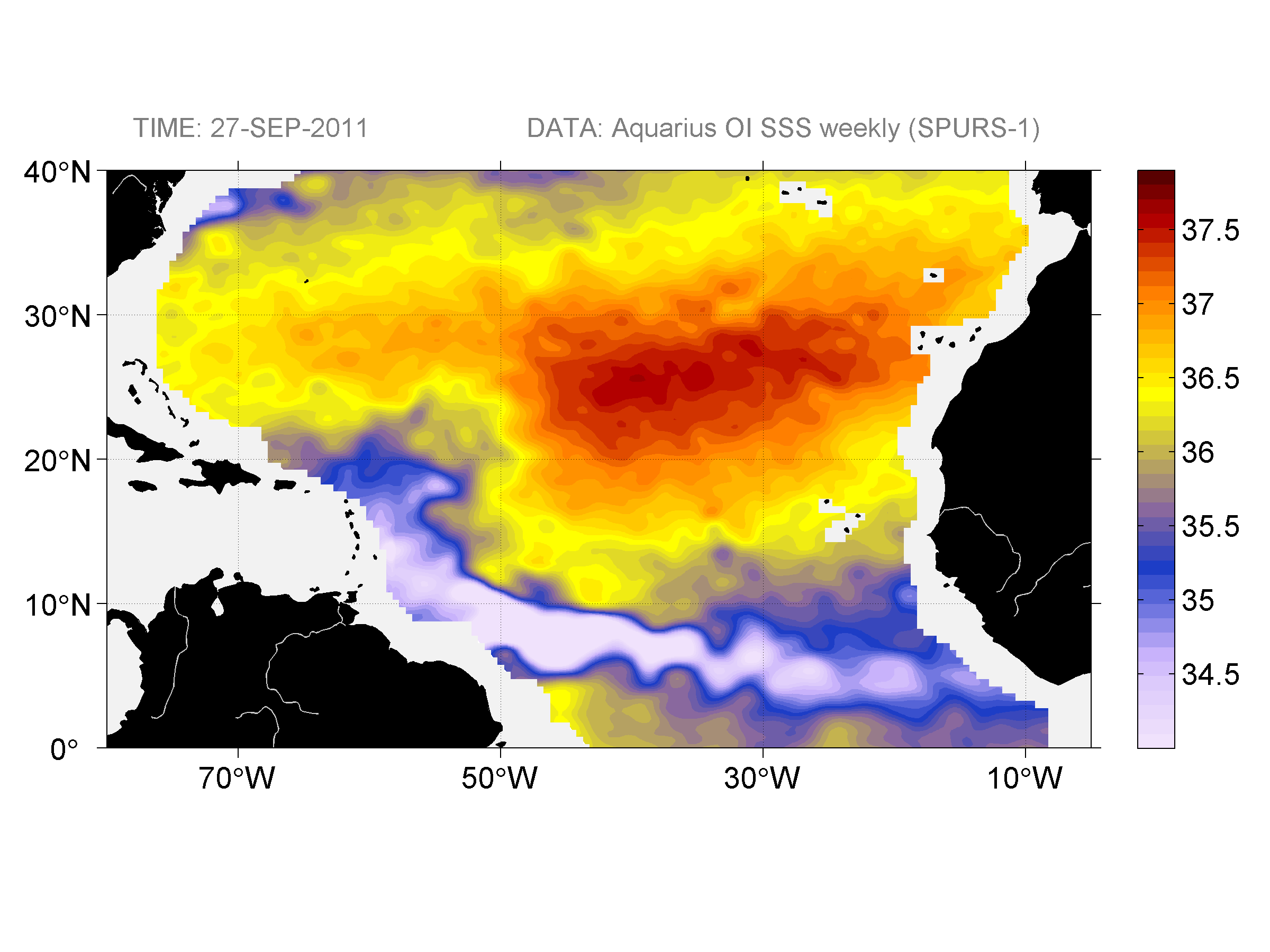 Weekly gridded map of sea surface salinity, week ofSeptember 27, 2011.