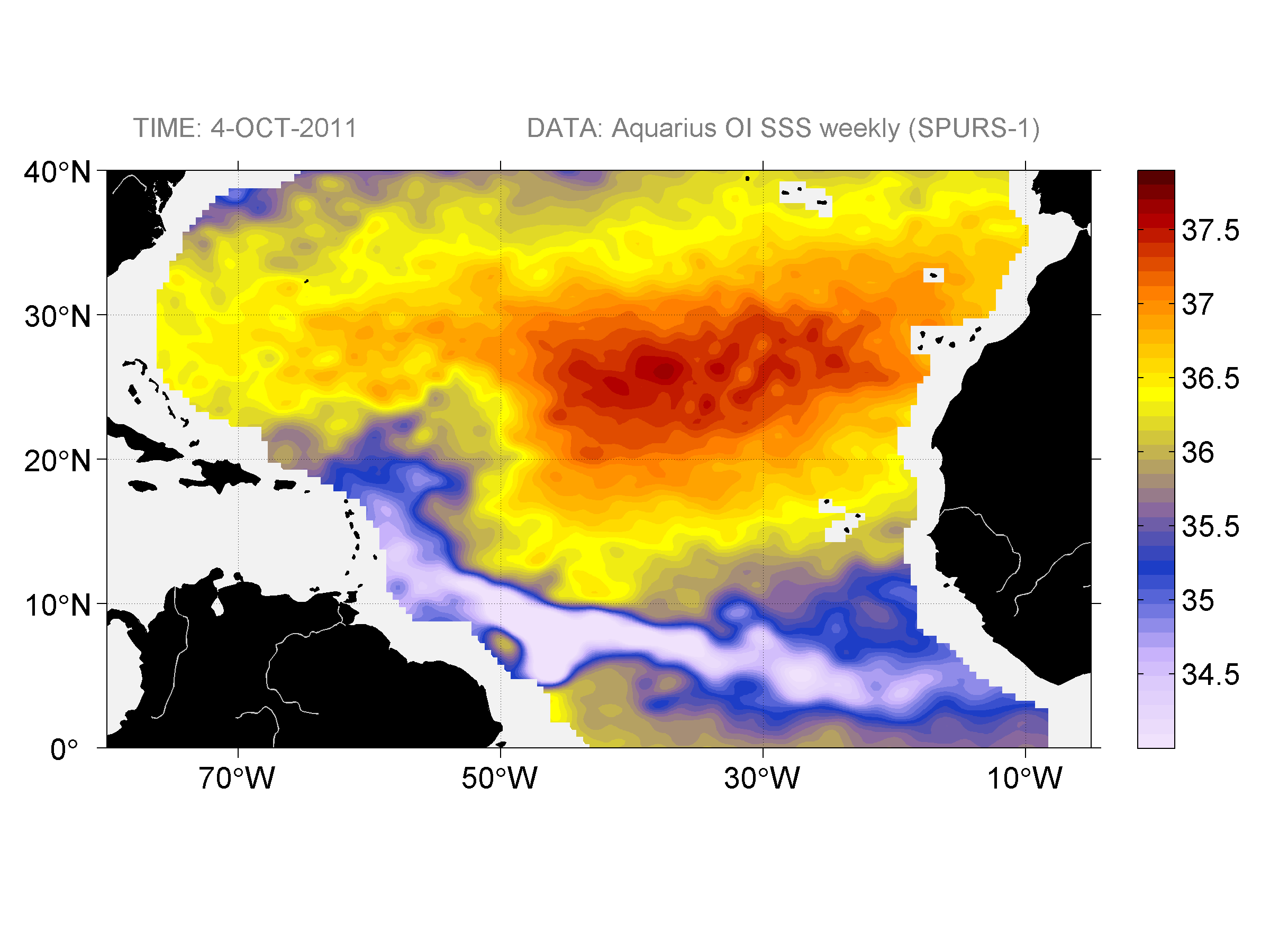 Weekly gridded map of sea surface salinity, week ofOctober 4, 2011.