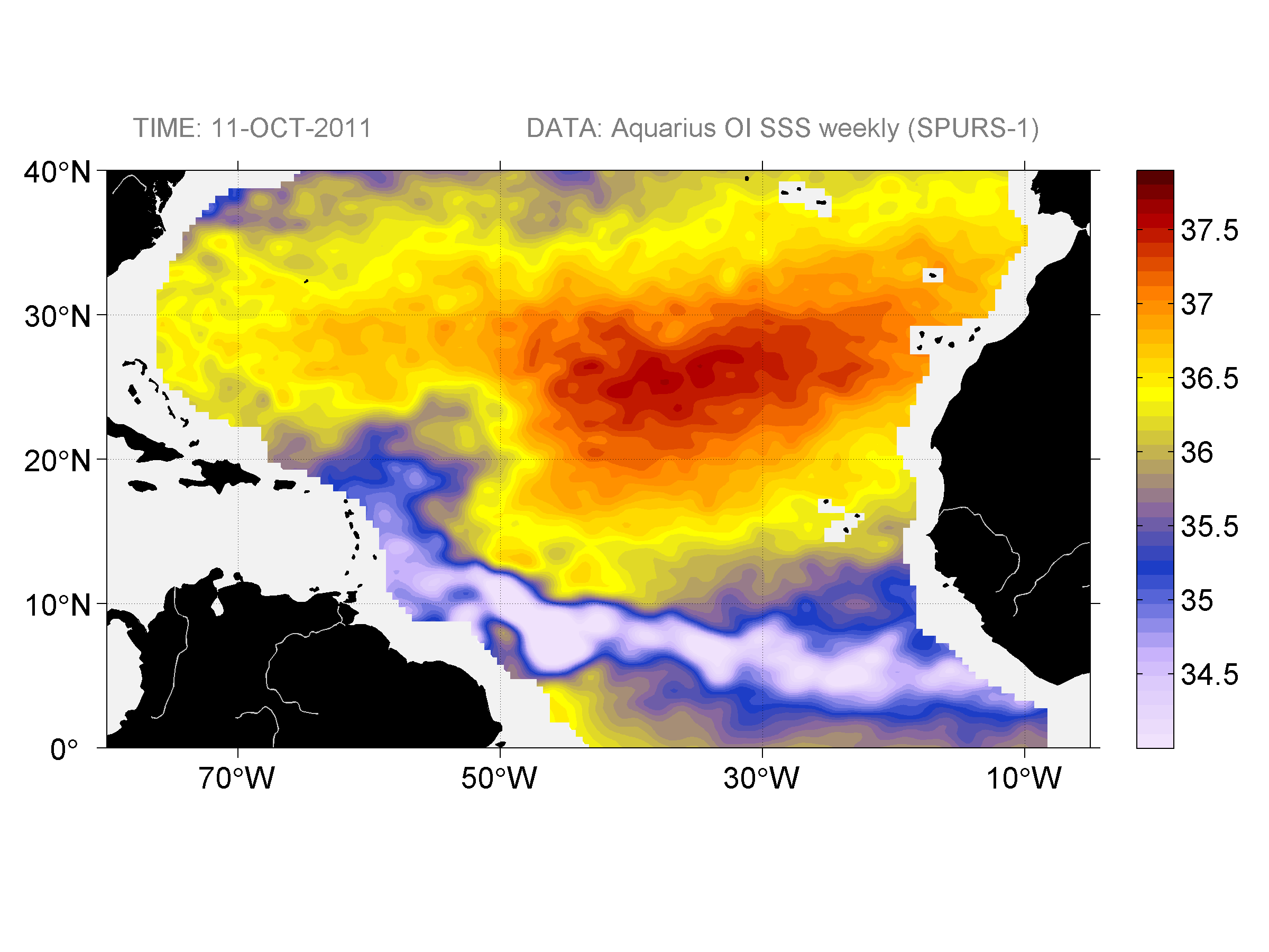 Weekly gridded map of sea surface salinity, week ofOctober 11, 2011.