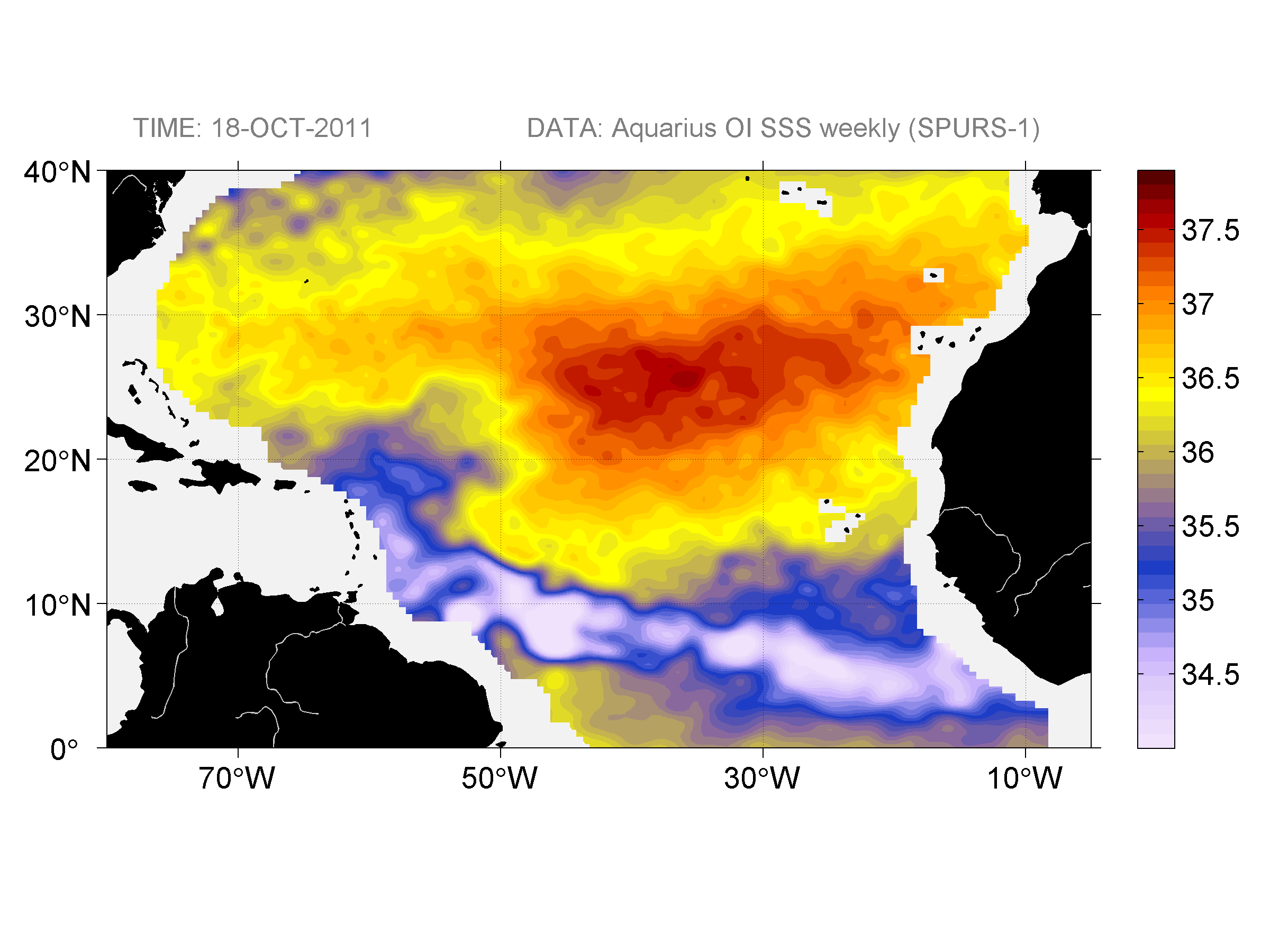 Weekly gridded map of sea surface salinity, week ofOctober 18, 2011.
