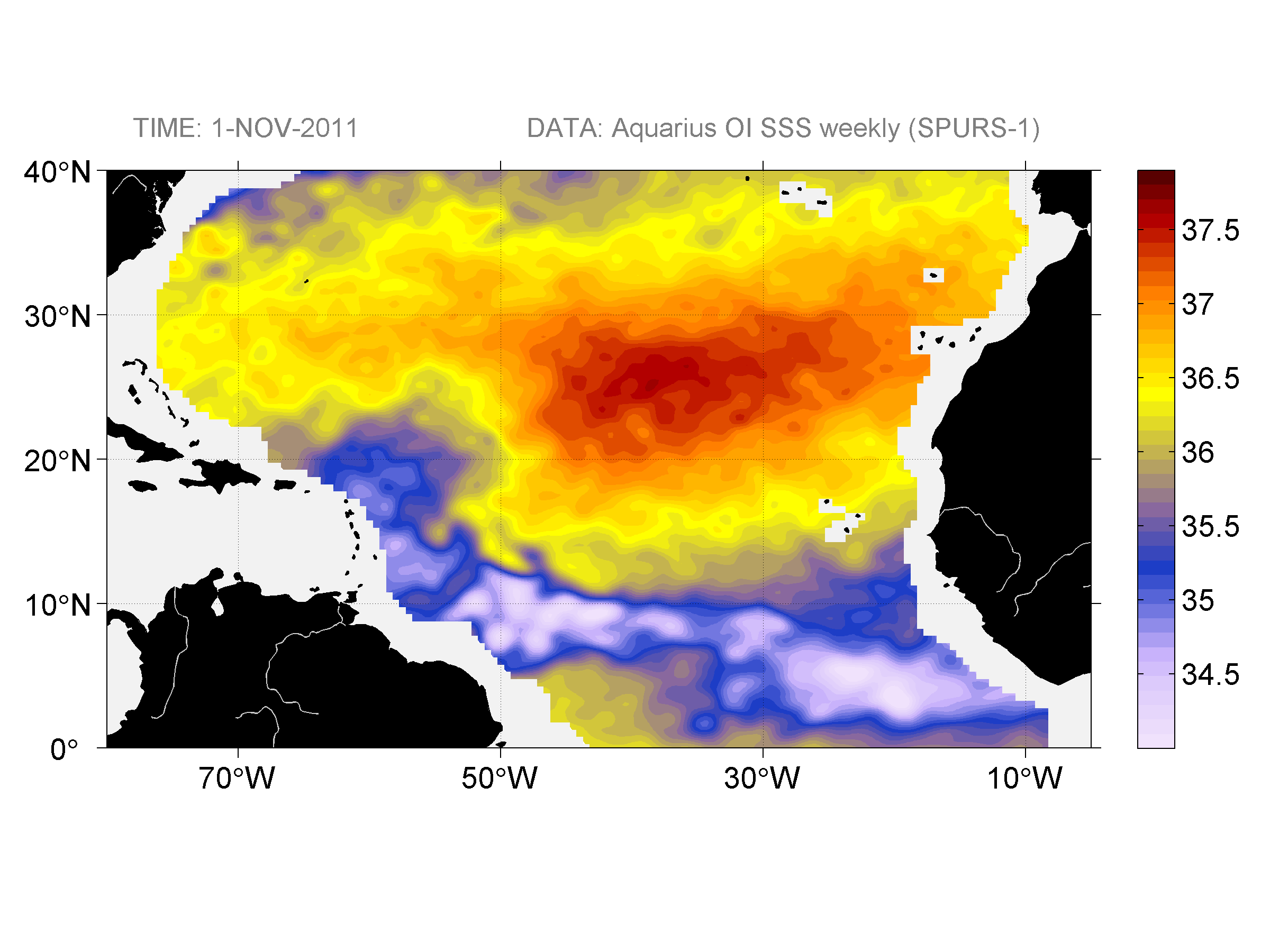 Weekly gridded map of sea surface salinity, week ofNovember 1, 2011.