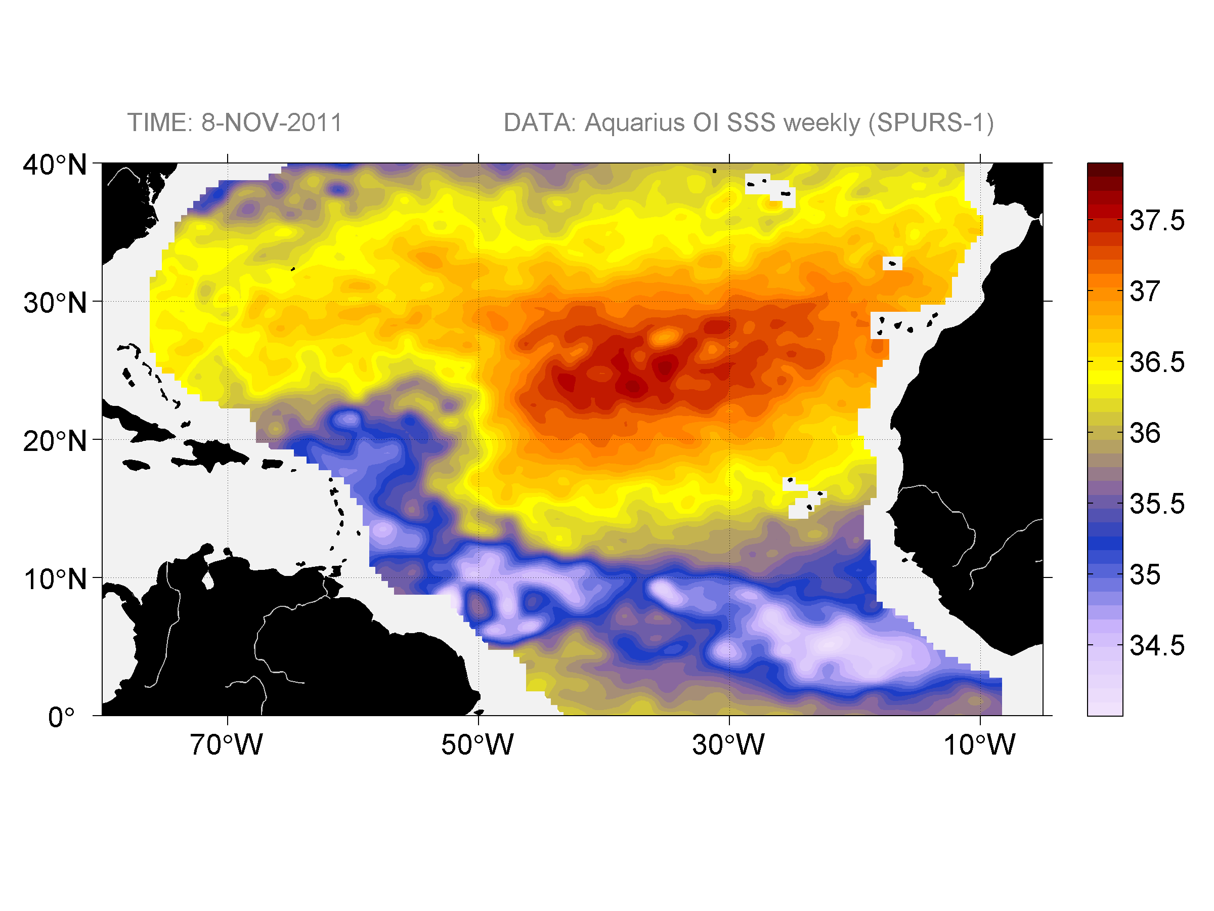 Weekly gridded map of sea surface salinity, week ofNovember 8, 2011.
