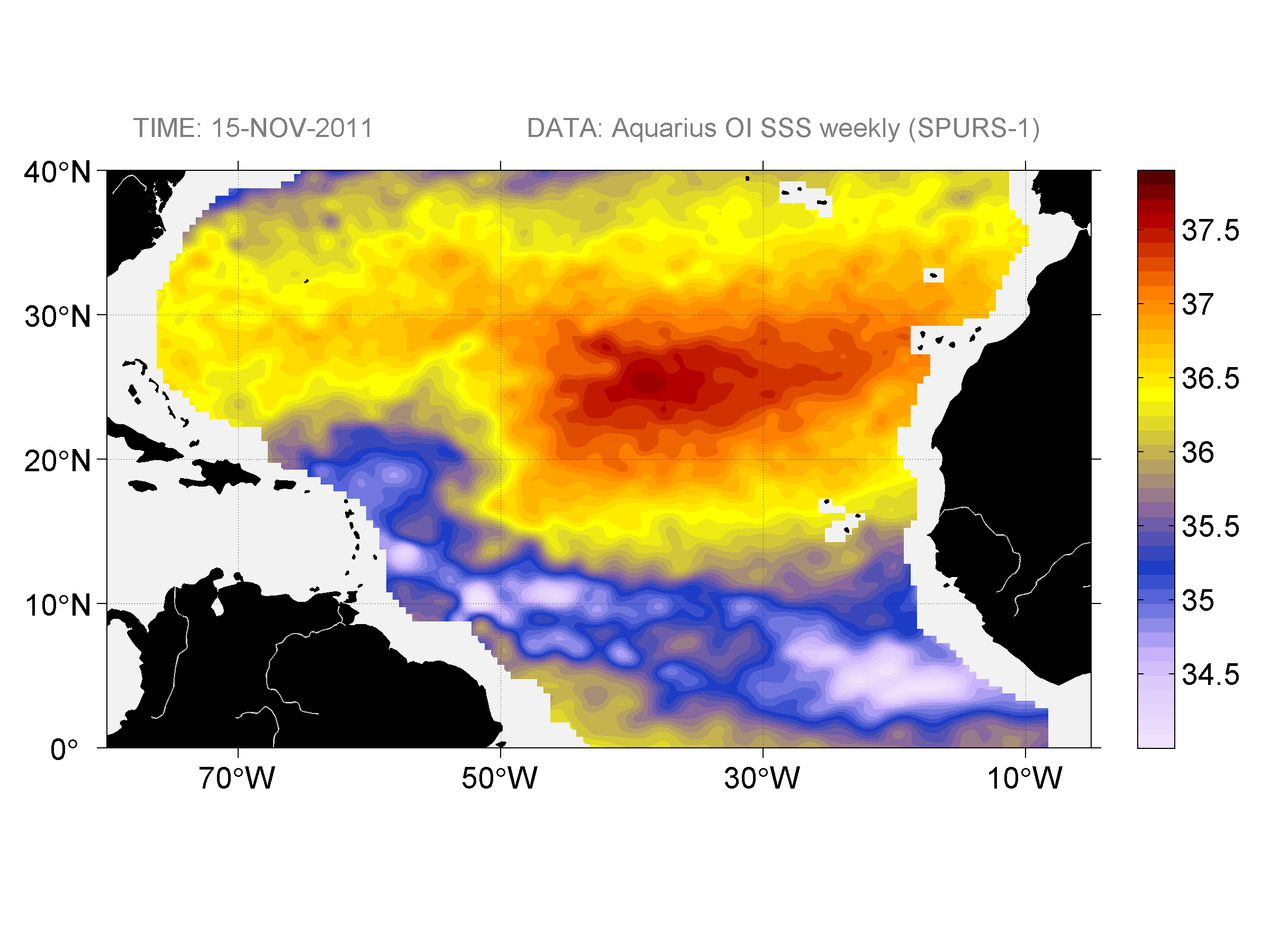 Weekly gridded map of sea surface salinity, week ofNovember 15, 2011.