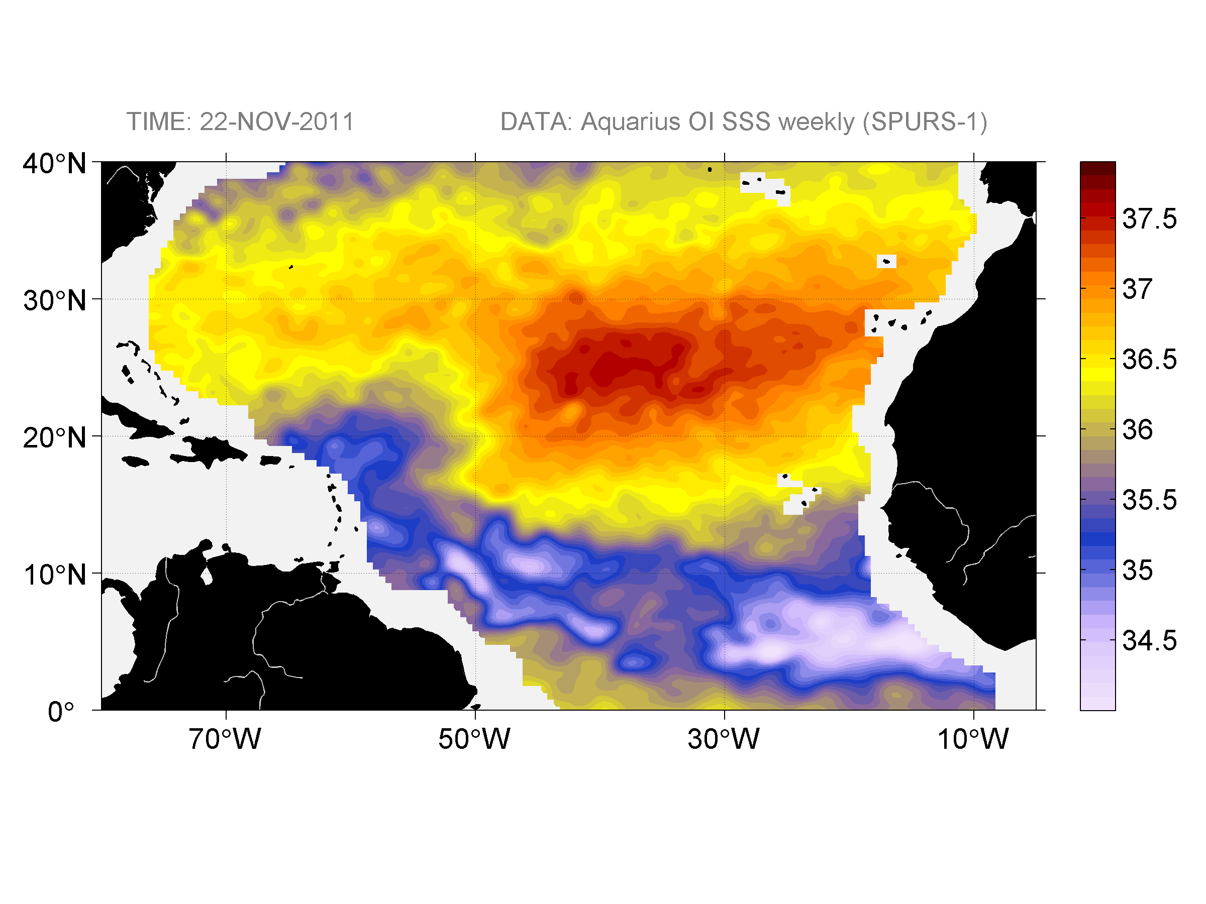 Weekly gridded map of sea surface salinity, week ofNovember 22, 2011.