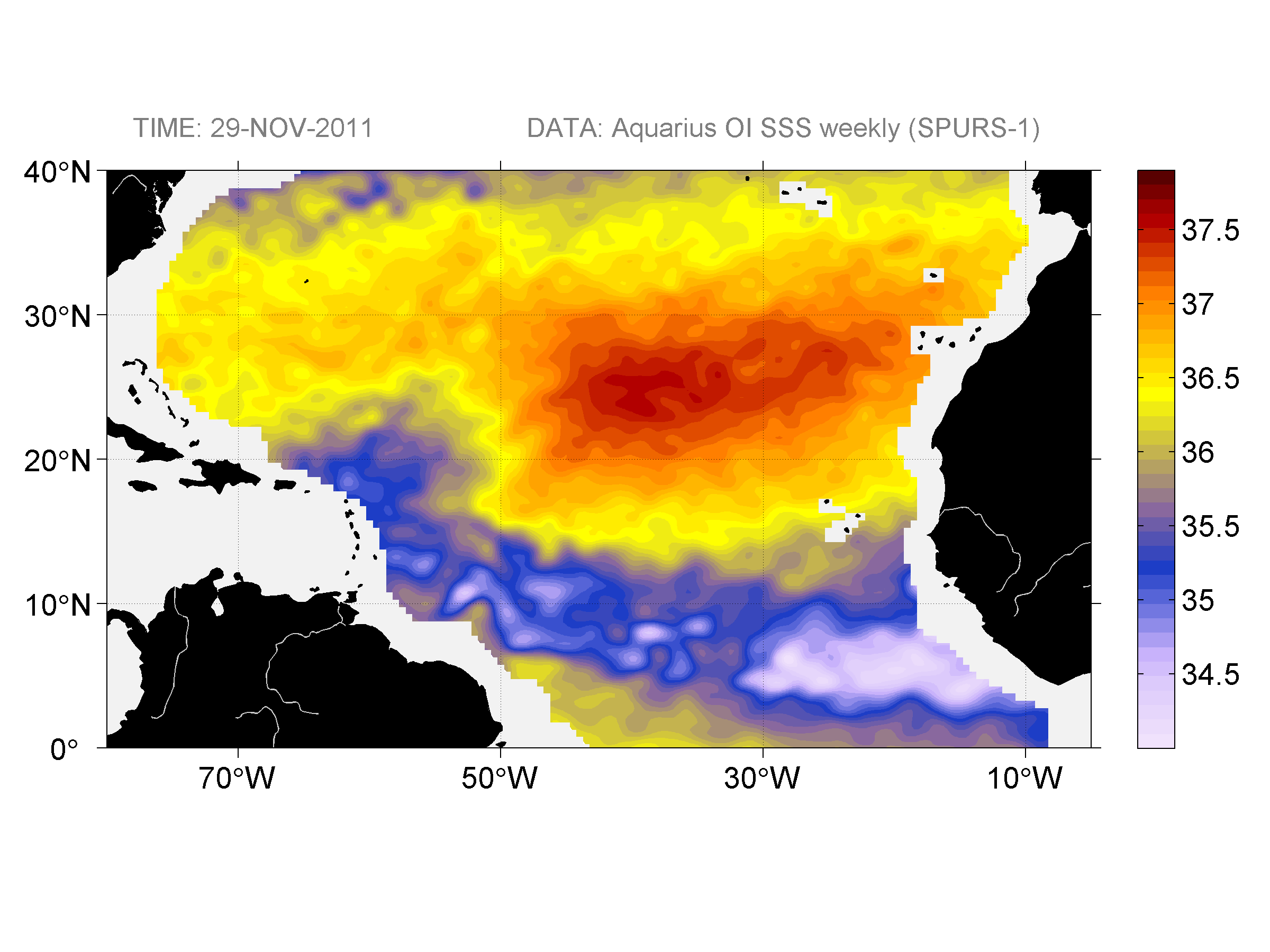 Weekly gridded map of sea surface salinity, week ofNovember 29, 2011.