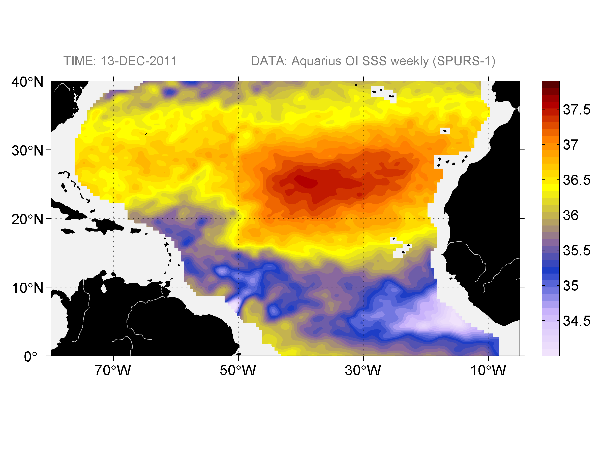 Weekly gridded map of sea surface salinity, week ofDecember 13, 2011.