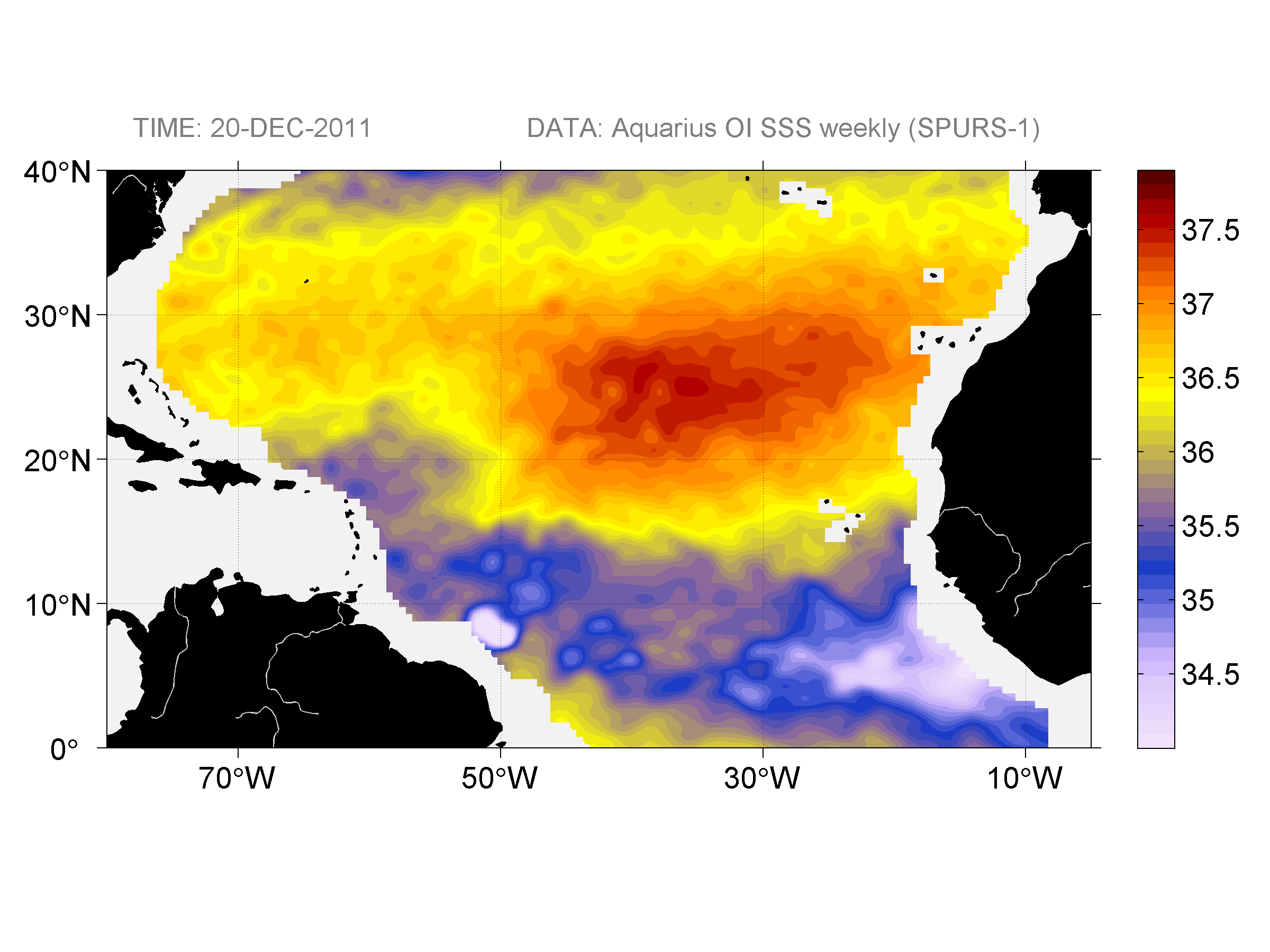 Weekly gridded map of sea surface salinity, week ofDecember 20, 2011.