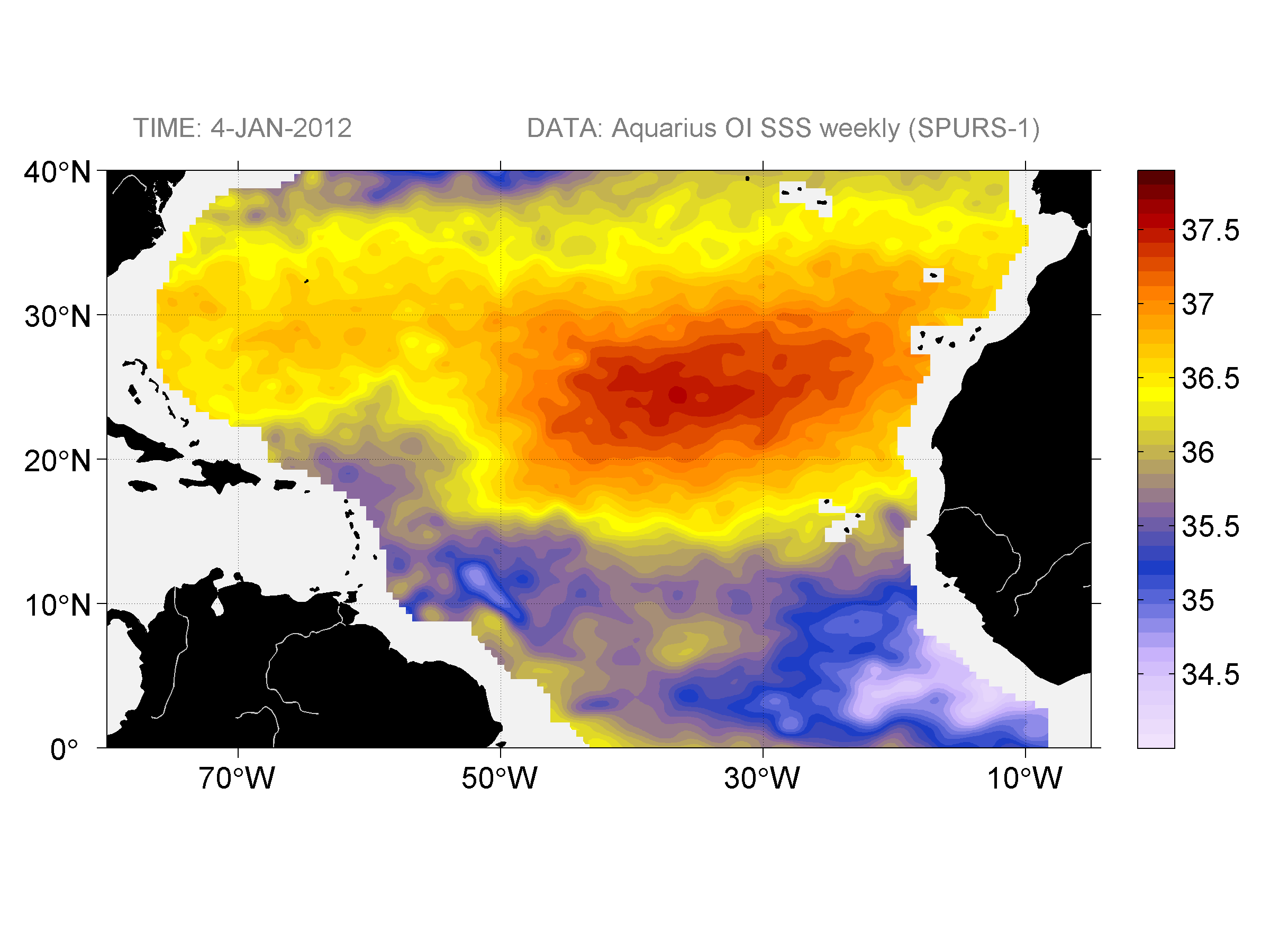 Weekly gridded map of sea surface salinity, week ofJanuary 4, 2012.