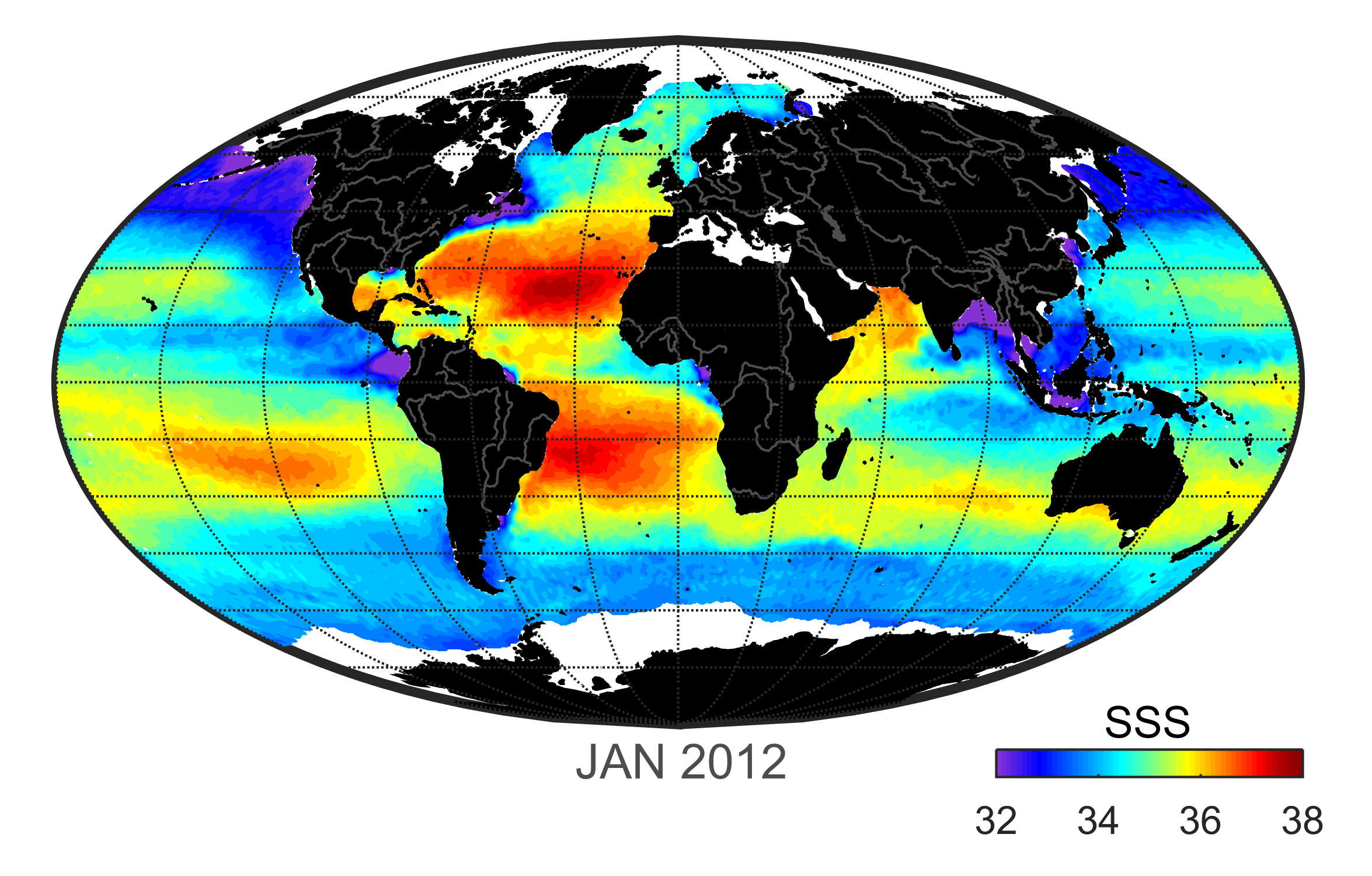 Global map of monthly sea surface salinity, January 2012.