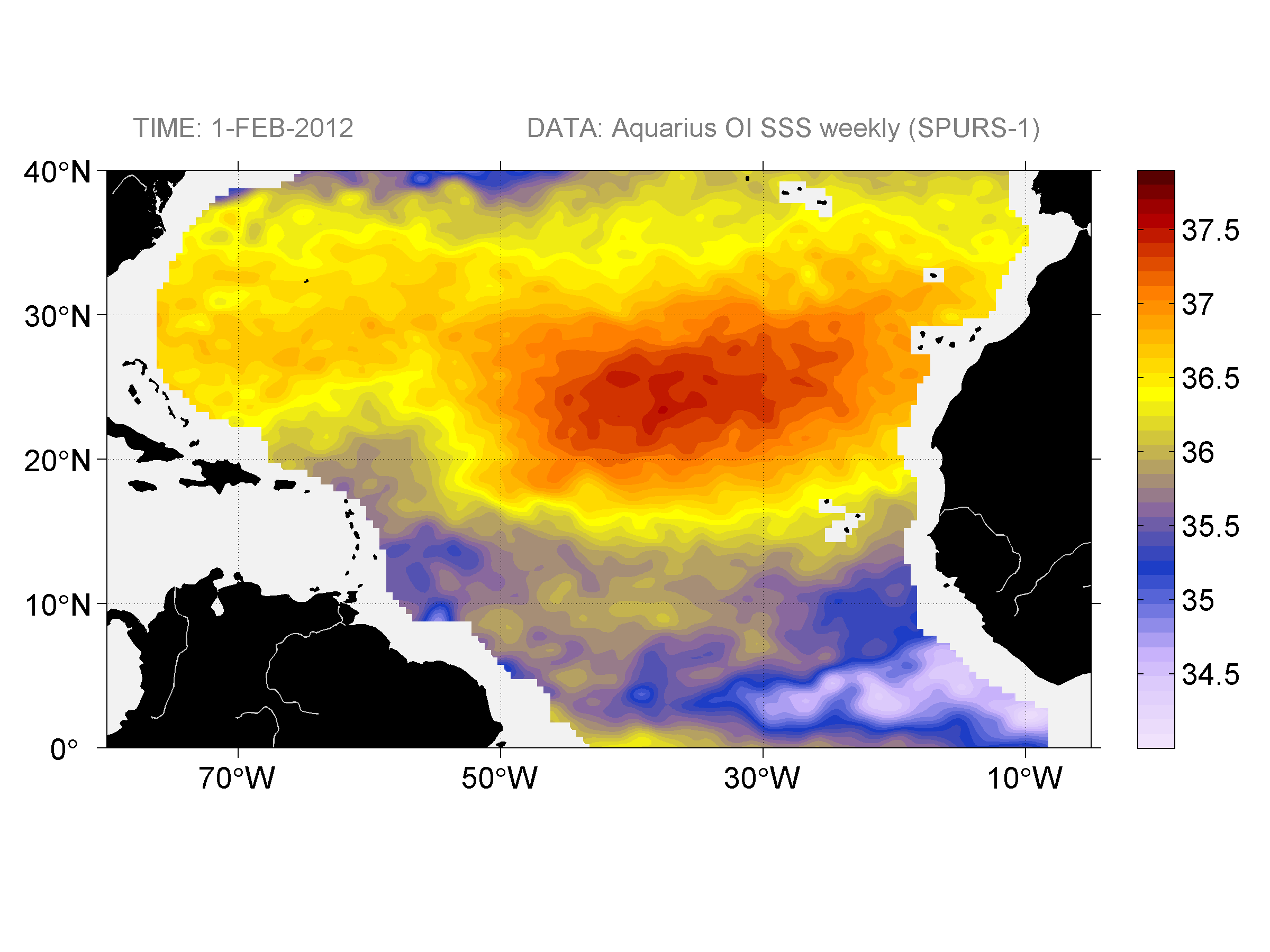 Weekly gridded map of sea surface salinity, week ofFebruary 1, 2012.