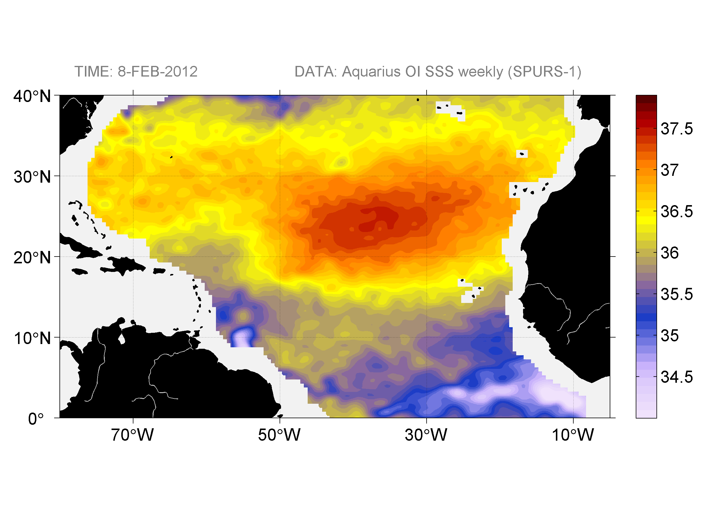 Weekly gridded map of sea surface salinity, week ofFebruary 8, 2012.