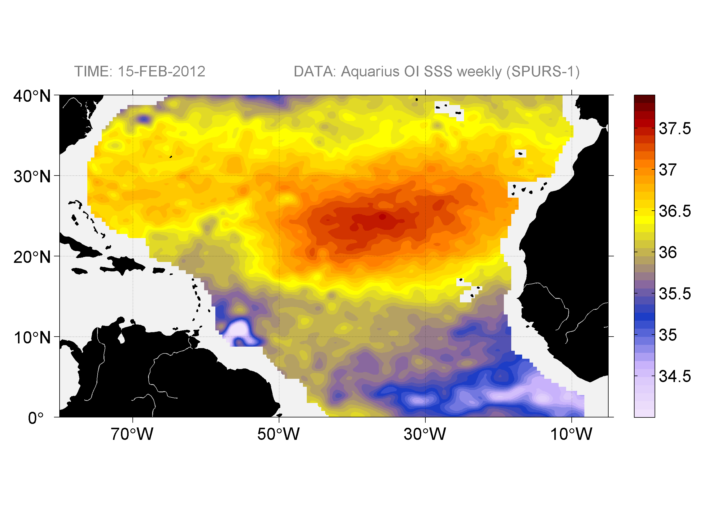 Weekly gridded map of sea surface salinity, week ofFebruary 15, 2012.