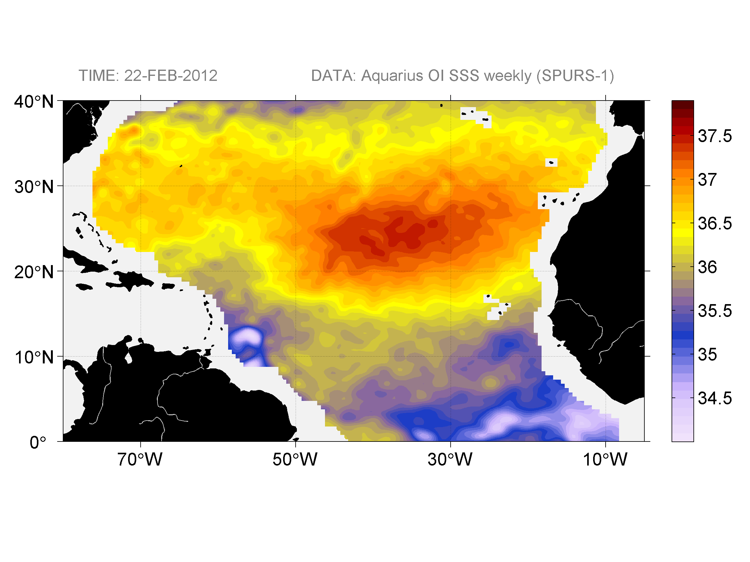 Weekly gridded map of sea surface salinity, week ofFebruary 22, 2012.