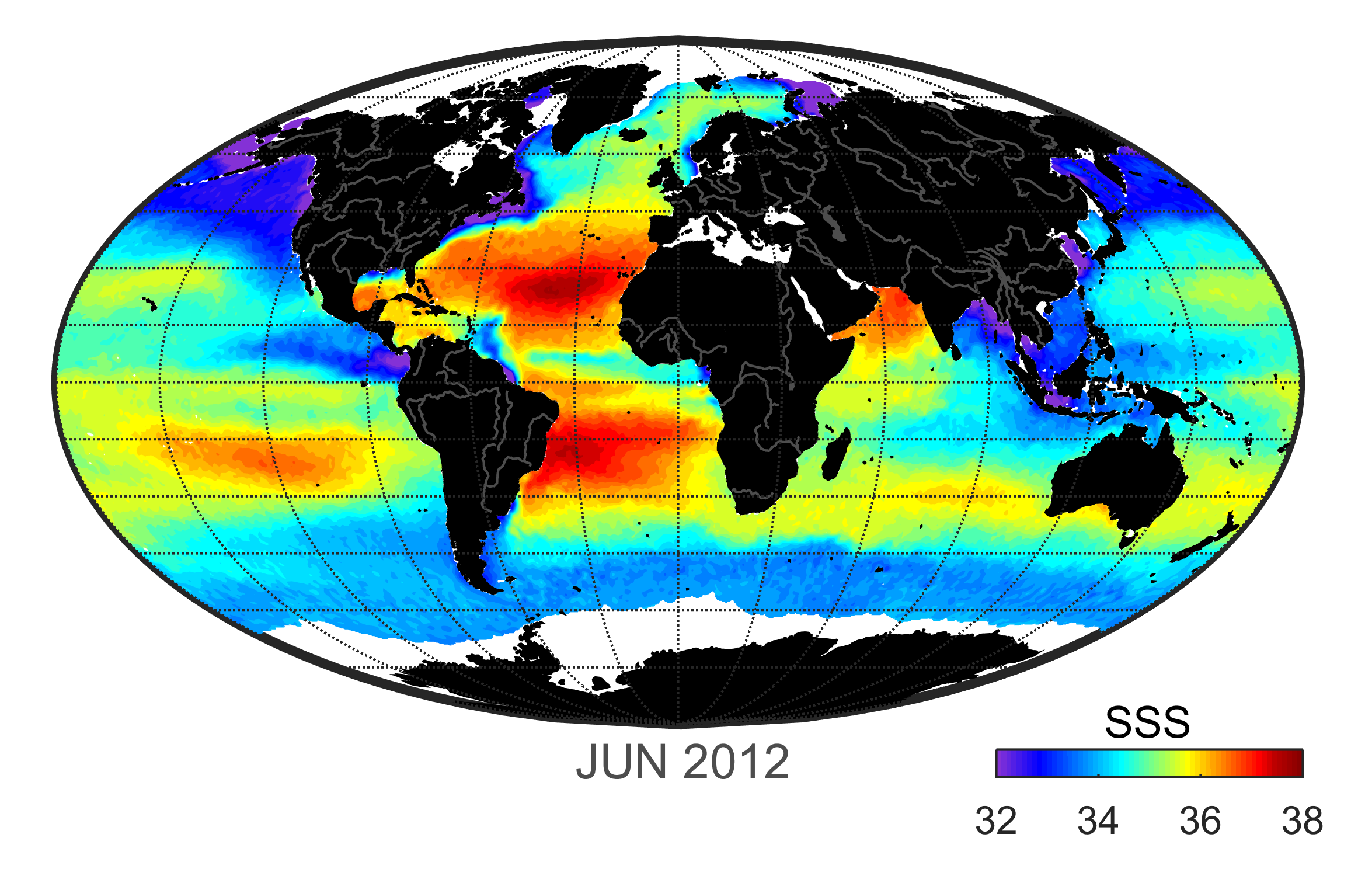 Global map of monthly sea surface salinity, June 2012.
