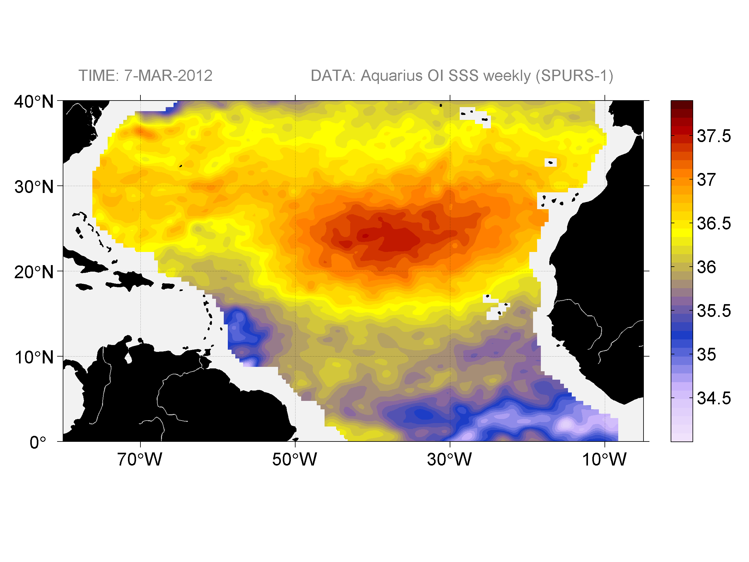 Weekly gridded map of sea surface salinity, week ofMarch 7, 2012.
