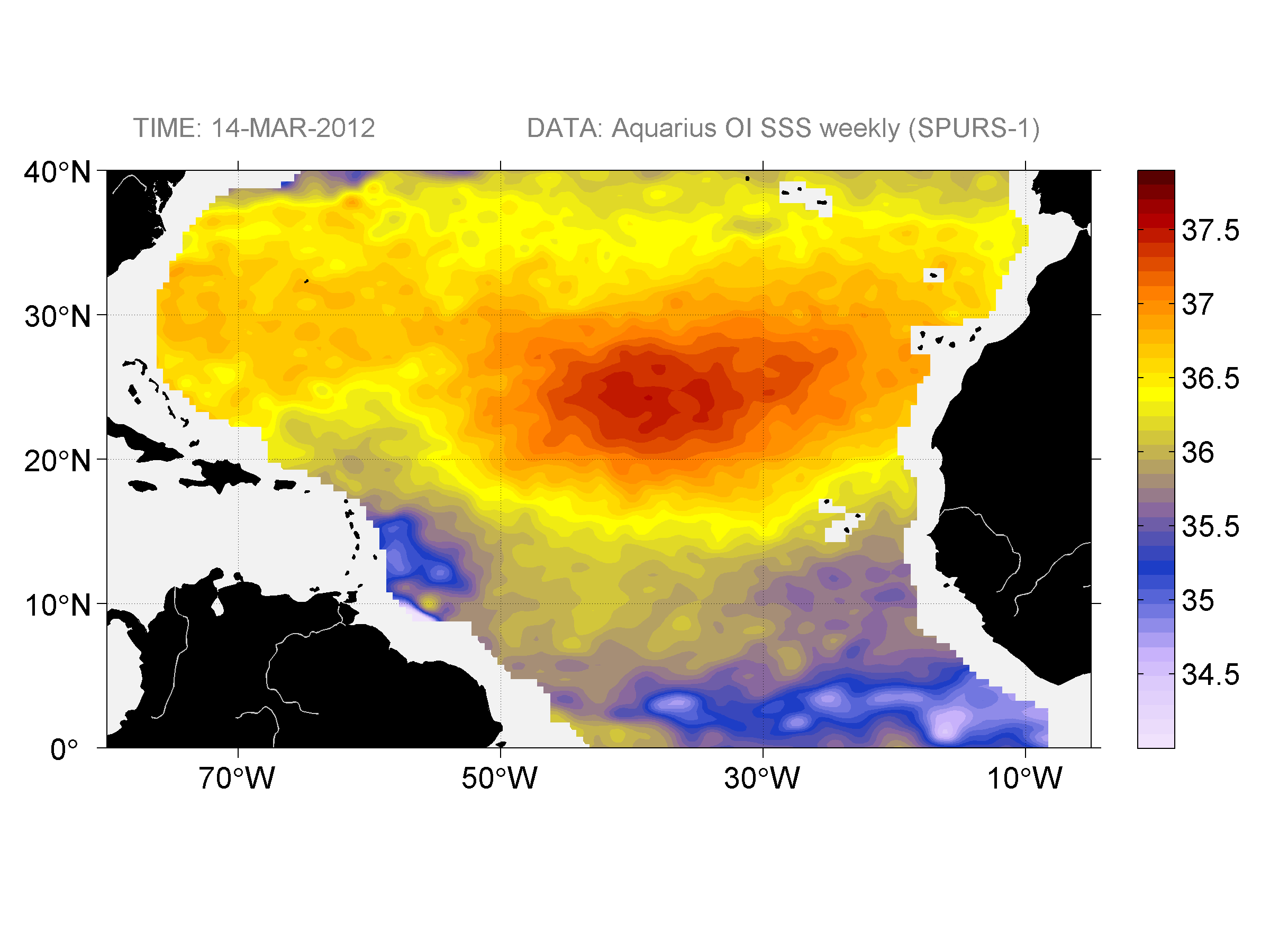 Weekly gridded map of sea surface salinity, week ofMarch 14, 2012.